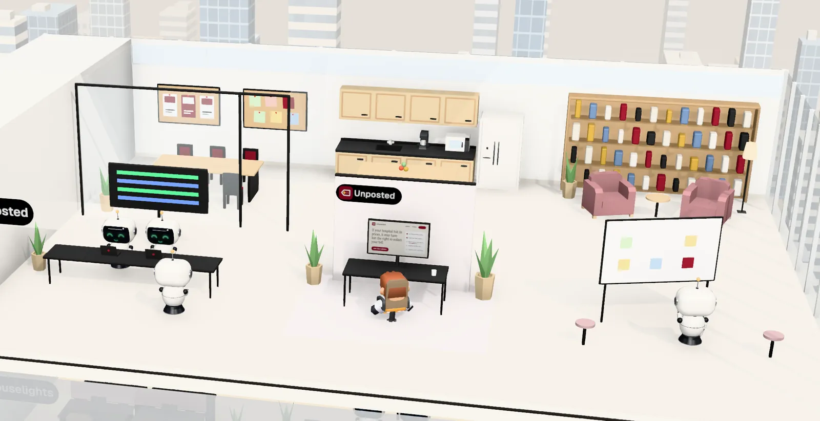 Unposted’s office on floor 4 of Tower 2: the owner’s desk with the website on screen, the agents’ bench, a meeting room and a library